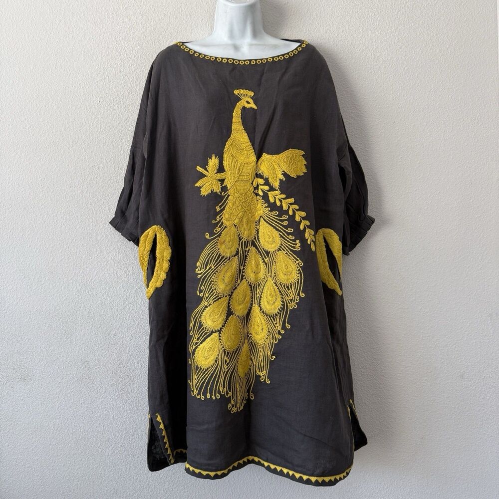 $445 Hoss Intropia Spain Linen Embroidered Peacock Tunic Dress Coastal 44 US XL